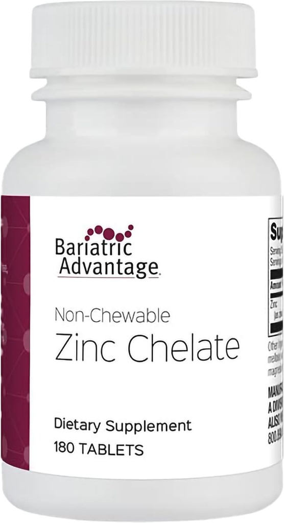 Bariatric Advantage No Chewable Zinc Chelate, Altamente Absorbable 20 mg Zinc Arginina y Zinc Glycine Tablets for Bariatric Surgery Pacientes - 180 Tablets