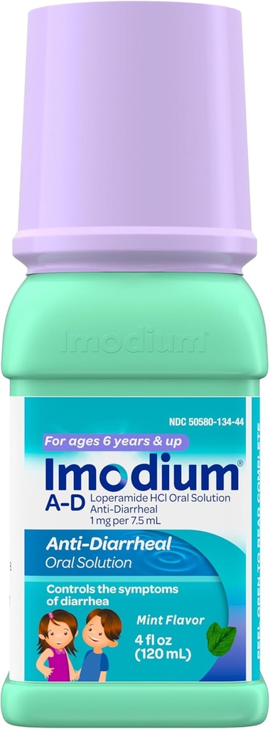 Imodium A-D Children's Liquid Anti-Diarrheal Medicine with Loperamide HCl, Oral Solution for Diarrhea Symptom Treatment & Control for Kids Ages 6+, Mint Flavor, 4 fl. oz