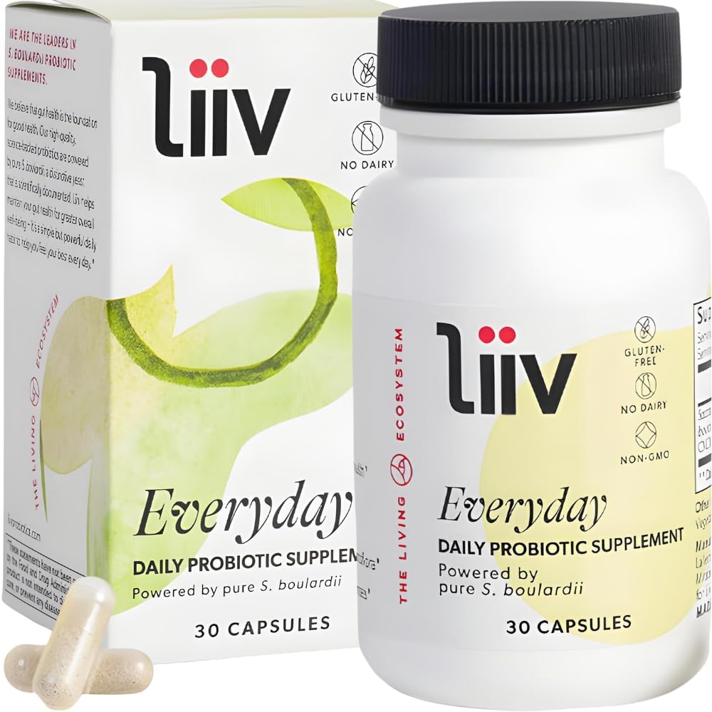 LiiV Premium Todos los días Probiótico para el soporte digestivo &amp; inmunológico, Pure S. boulardii para hombres de mujeres, 5 millones de UF, equilibrio microbioma saludable – 30 cápsulas vegetarianas