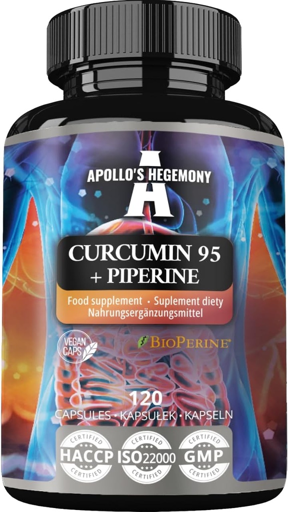 Curcumina de APOLLO 95 + Piperina 302 mg por Cápsula, Extracto Turmérico de alta resistencia 95%, 120 Cápsulas Vegan, 4 meses de suministro, para la digestión óptima y absorción aumentada