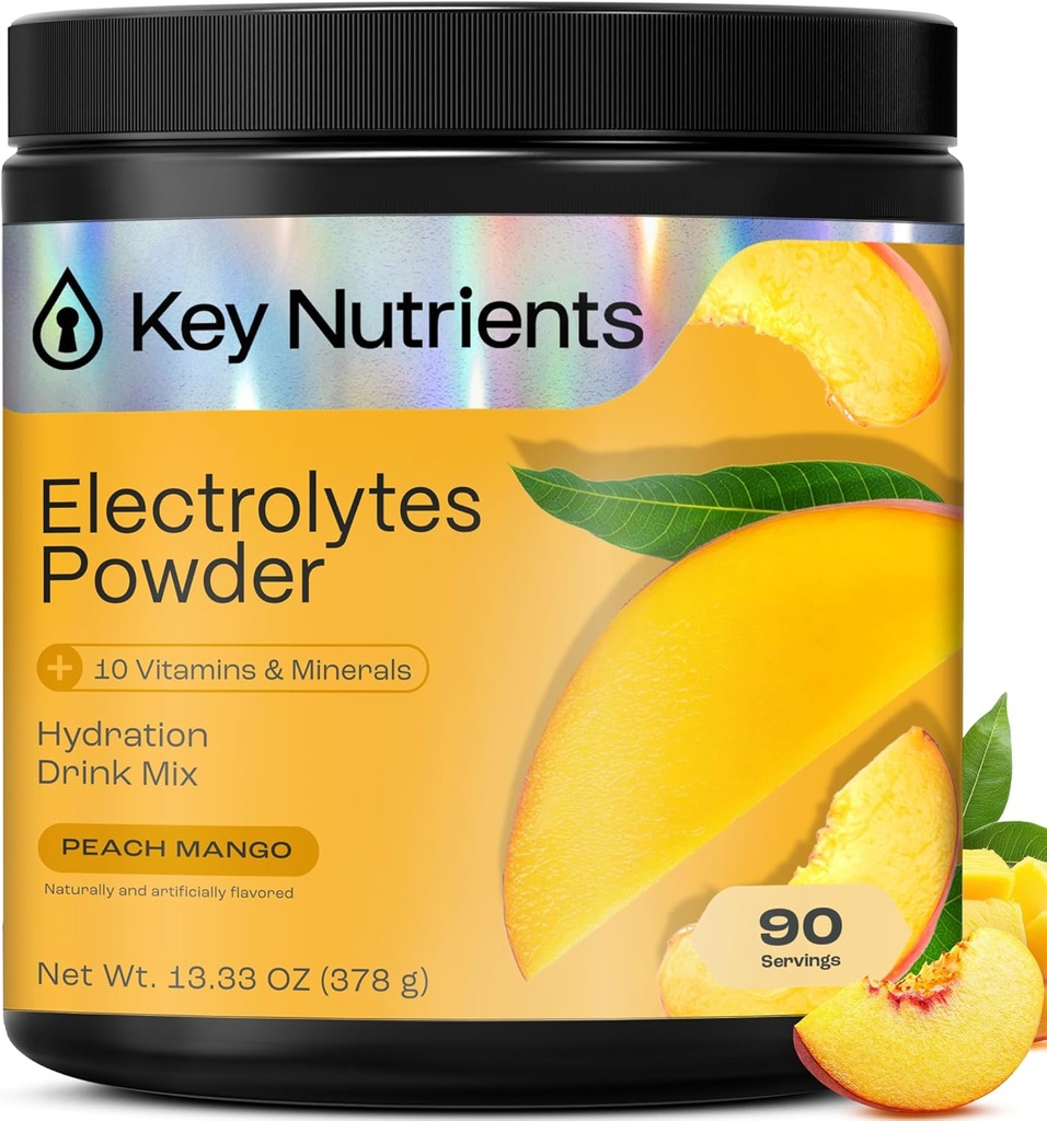 KEY NUTRIENTS Multivitamin Electrolytes Powder No Sugar - Tropical Peach Mango Electrolyte Powder - Endurance & Energy Supplement - Hydration Powder - No Calories - 90 Servings - Made in USA