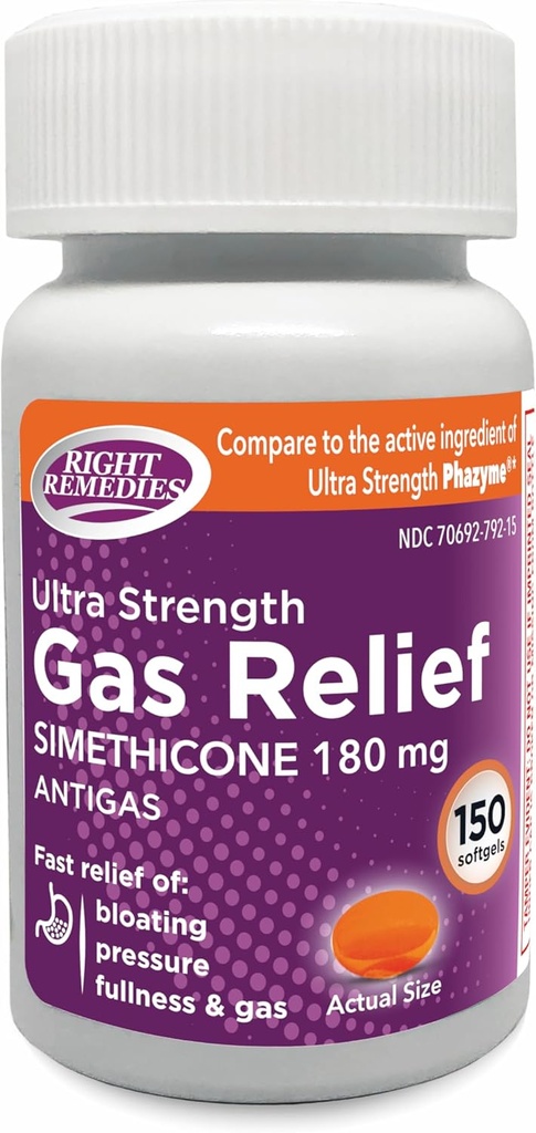 Gas Relief Ultra Strength, 180mg Simethicone (150 Softgels) Fast Relief from Gas, Bloating, Fullness, Painful Discomfort, Compare con Ultra Strength Phazyme Active Ingredient