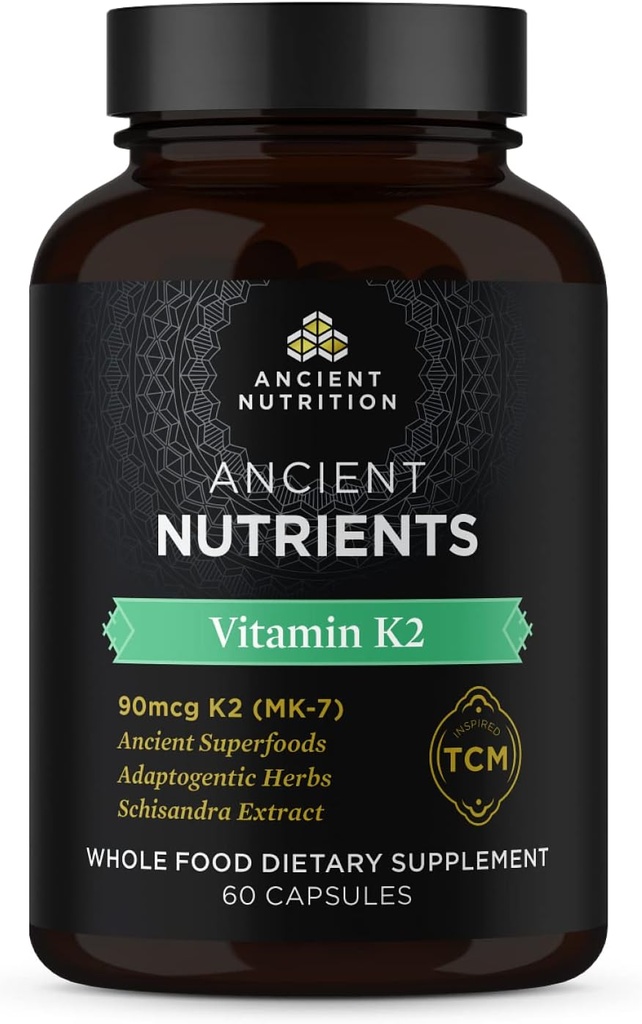 Nutrición antigua Suplemento K2, K2-90mcg K2, Herbs Adaptogénicos, Enzyme Activado, Admite Función Cardiovascular, Paleo & Keto Friendly, 60 cápsulas