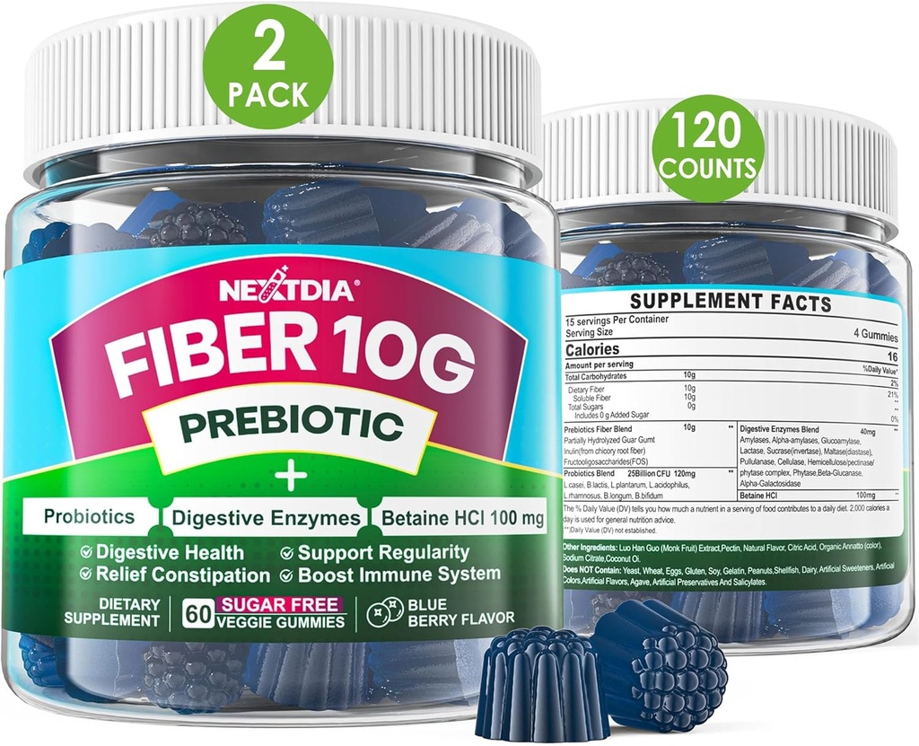 Gummies de fibra para adultos, azúcar gratis 10g Suplemento de fibra prebiótica con enzimas digestivas, probióticos &amp; 100 mg Betaine para el movimiento digestivo " Gut Health and Regulate Bowel, Vegan, Gelatin Gratis,120ct