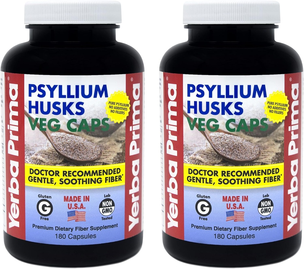 Yerba Prima Psyllium Husks Veg Caps - 180 Conde (2 Pack) (625mg) - Vegan, No GMO, Gluten Free, Colon Cleanser, Daily Fiber Supplement for Gut Health & Regularity