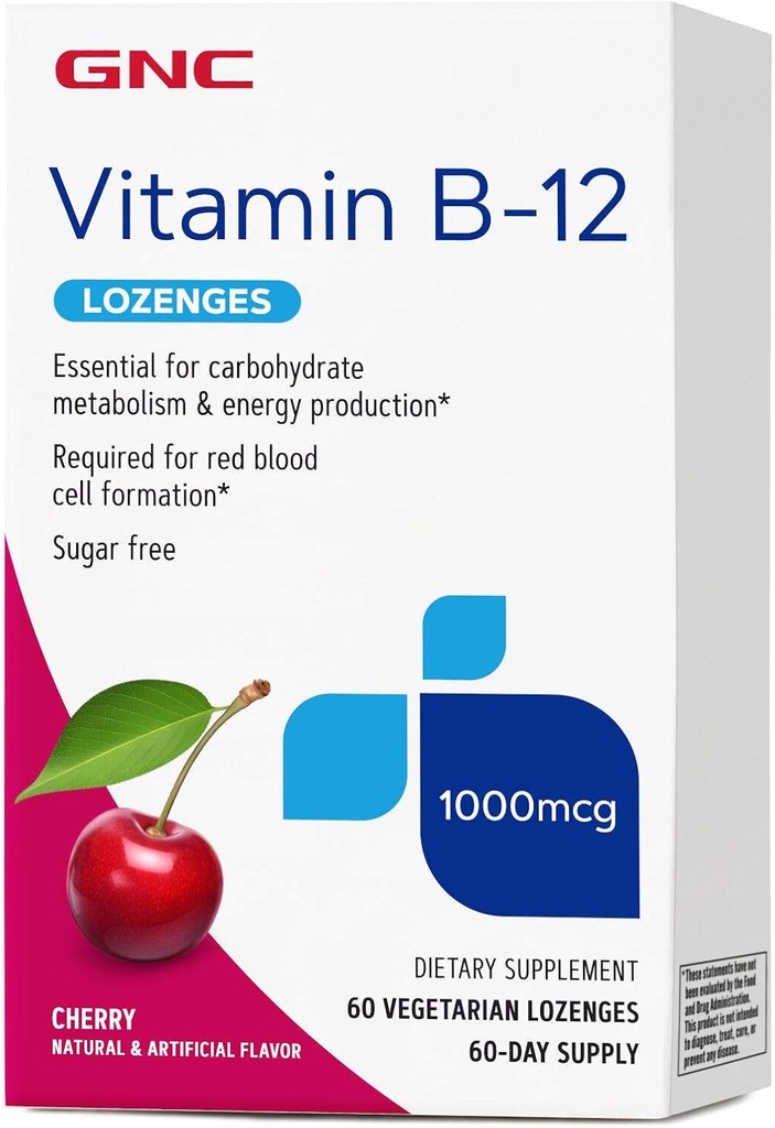 GNC Vitamina B-12 1000 mcg Lozenges, Cereza, 60 Lozenges, 60 Servings