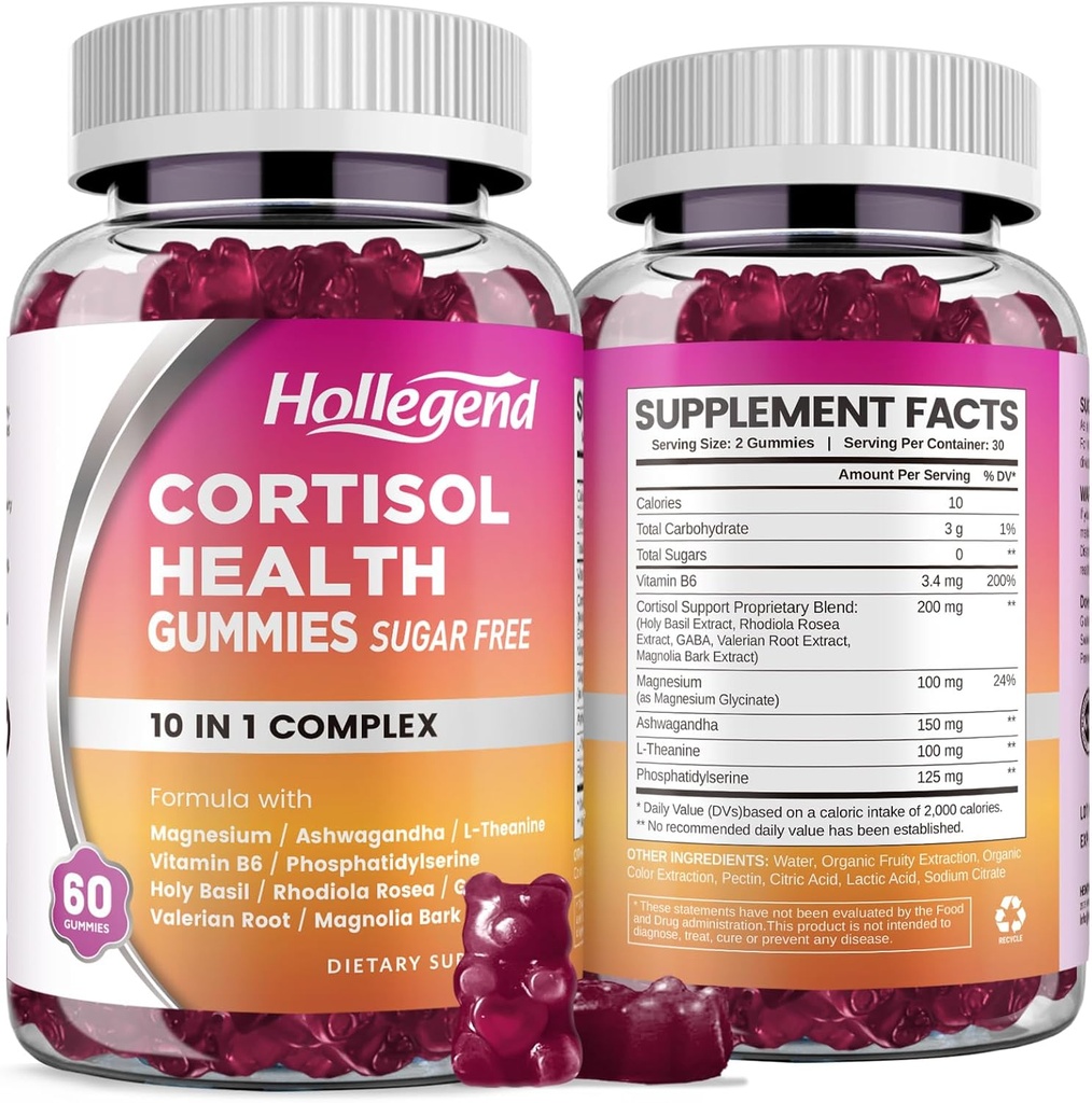 Suplementos Cortisol para Mujeres Hombres, Gummies Cortisol con Ashwagandha, Magnesio, L-Theanine, Phosphatidylserine, B6 para Cortisol Detox, Relax, Sleep, Focus, Sugar-Free, Vegan, 120