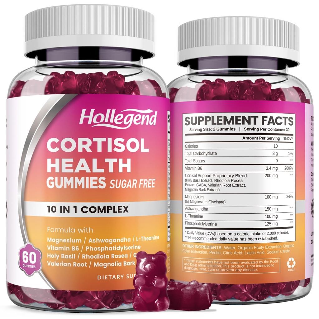 Suplementos Cortisol para Mujeres Hombres, Gummies Cortisol con Ashwagandha, Magnesio, L-Theanine, Phosphatidylserine, B6 para Cortisol Detox, Relax, Sleep, Focus, Sugar-Free, Vegan, 120