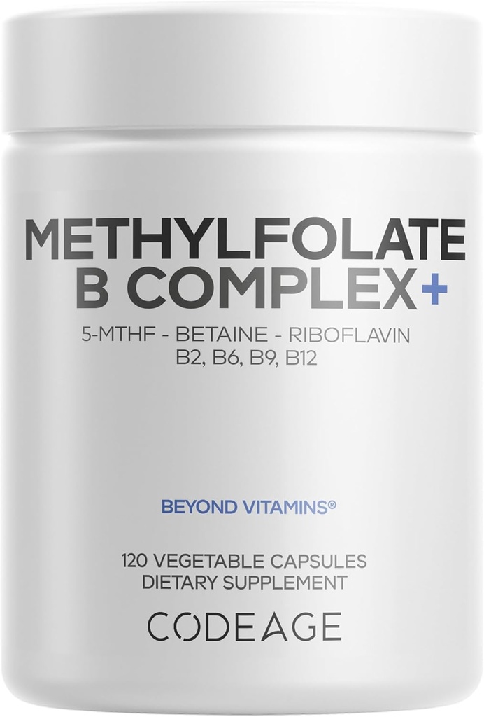 Codeage Methylfolate B Complex Supplements - 5 MTHF, Methylcobalamin 1000mcg Metillated Vitamina B12, Riboflavin, Betaine, Vitaminas B6, Methylation Cycle MTHFR - 2 Methths - 120 Capsules