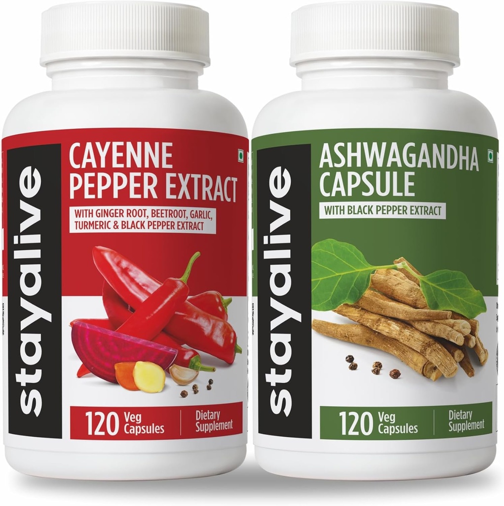 STAY ALIVE Cayenne and Ashwagandha Bundle w/Black Pepper Extract Capsules, 240 Vegan Pills, Non-GMO & Gluten Free Ashwagandha Cayenne Pepper Suplemento