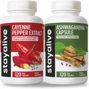 STAY ALIVE Cayenne and Ashwagandha Bundle w/Black Pepper Extract Capsules, 240 Vegan Pills, Non-GMO & Gluten Free Ashwagandha Cayenne Pepper Suplemento