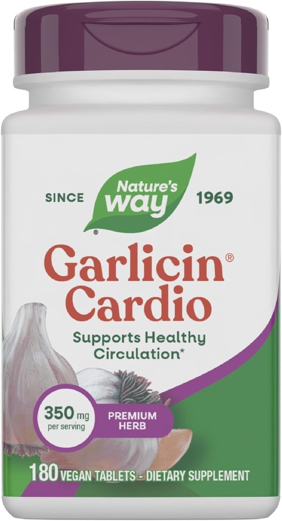 Nature's Way Garlicin Cardio, Premium Herbal, Supports Healthy Circulation*, No Garlic Taste, Vegan Garlic Supplements, 180 Tablets (Packaging May Vary)