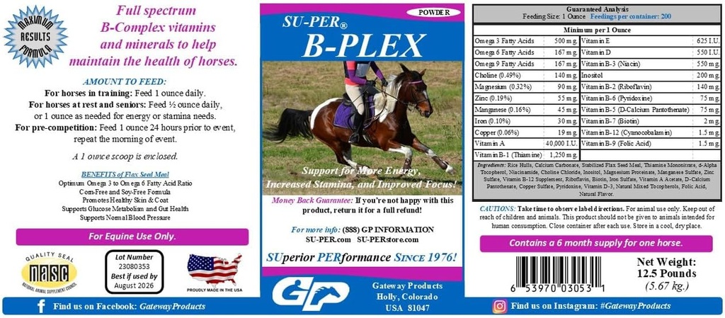 SU-PER B-Plex Powder Equine Vitaminas - Completo B-Complex Horse Vitamins and Minerals Suplemento - Hooves saludables, Células rojas de sangre, Polvo de calma de caballos - 12,5 libras, 6 Month Supply (180 días)