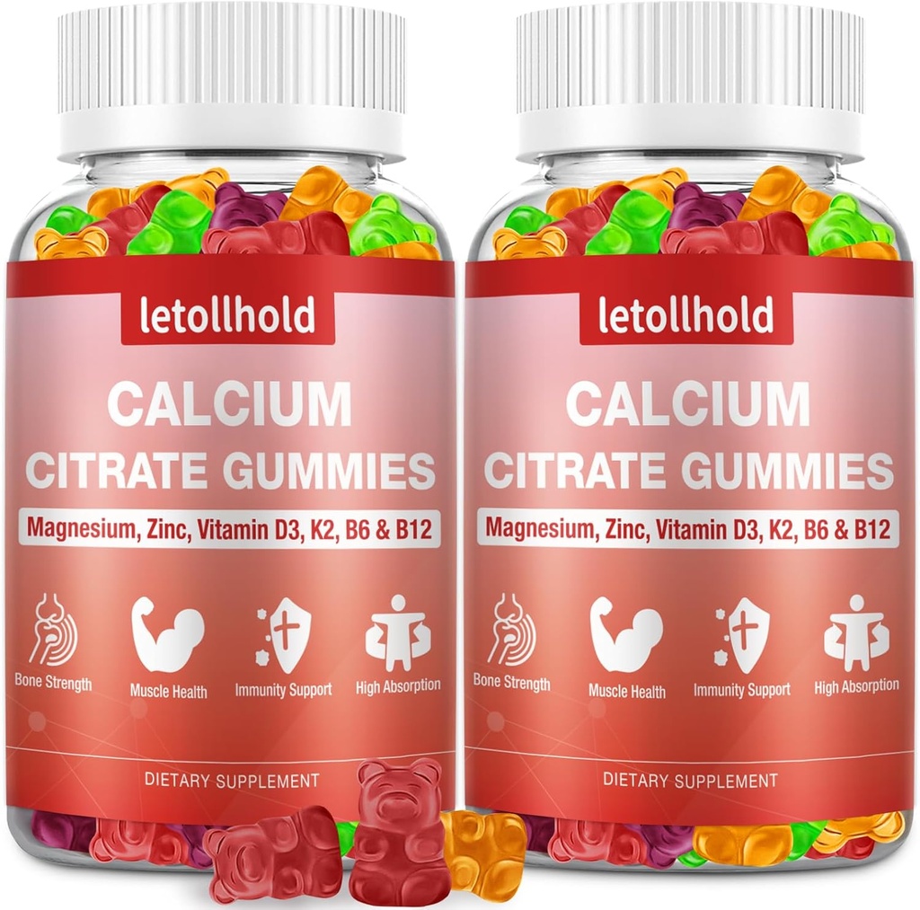 Calcium Citrate Gummies - 1200mg Calcium Gummies with Magnesium Zinc Vitamin D3,K2, B6, B12 for Bone, Muscle, Joints, Immune Support, High Absorption Calcium Supplements for Women &amp; Men 2 Packs