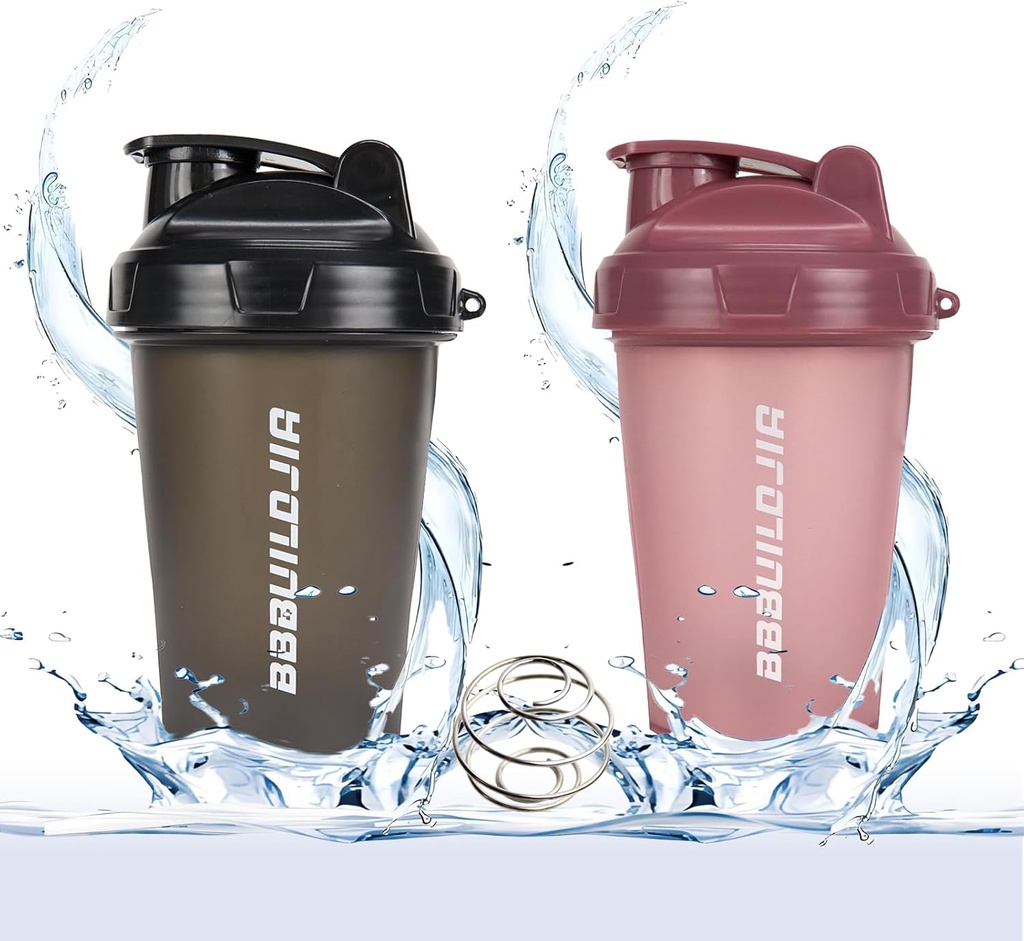 2 PACK Shaker Bottle Holds up to 17oz, Blending Ball Whisk, Portable Pre Workout Protein Drink Cup, Mixes Cocktails Smoothies Shakes, BPA Gratis &amp; Dishwasher Safe Black/Pink