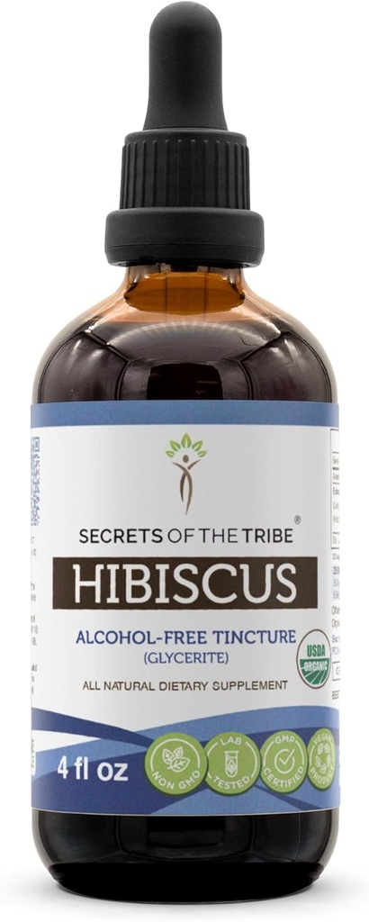 Secrets of the Tribe Hibiscus Tincture Extract líquido libre de alcohol, USDA Organic Hibiscus Sabdariffa Dried Flower (4 FL OZ)