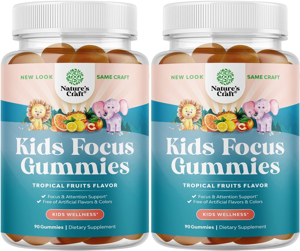 Gummies de enfoque infantil - Suplemento de apoyo cerebral nootrópico para niños con extracto de té verde, vitaminas B6 &amp; B12 para memoria y foco cerebral - Cerdos de concentración herbal para niños - 90 cuenta - 2 paquete