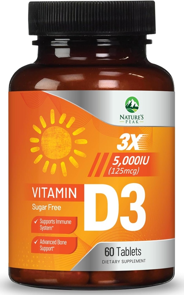 Vitamina D3 5000iu (125 mcg) Apoyo a la salud inmune - Suplemento dietético de alta potencia Vitamina D para el hueso, dientes, musculo - VIT de la naturaleza, vegano, sin gluten, sabor a frambuesa - 60 tabletas chewable