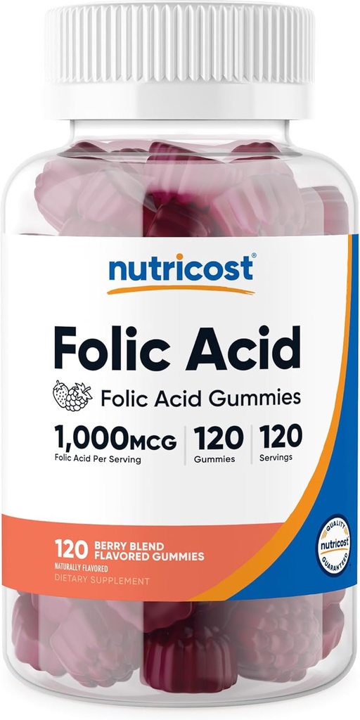 Nutricost Folic Acid (Vitamin B9) Gummies vegetarianas (120 Gummies, 1 mg de ácido fólico por ser) - Suplemento para hombres y mujeres