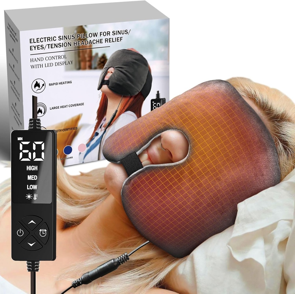 Pillow de Sinus Eléctrico para Sinus, Ojos secos, dolores de cabeza de tensión Alivio con 3 Calor &amp; 5 Ajustes de temporizador, Compresión de calor de calor húmedo Ex-Large