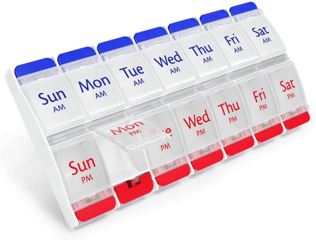 EZY DOSE Push Button (7-Day) Pill Case, Medicine Planner, Daily Vitamin Organizer, 2 veces al día AM/PM, Grandes Compartimientos, Artritis Friendly, Fácil de usar, Lids claros, Rojo/Blue, BPA Gratis