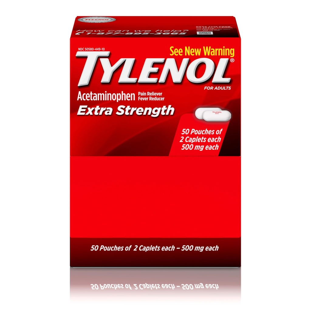 Tylenol Extra Strength Acetaminophen Caplets, 500 mg, Pain Relief & Fever Reducer for Headache, Backache, Toothache, Menstrual Cramps & Pain, Travel-Friendly Packaging, 2-Caplet Pouches, 50 Count