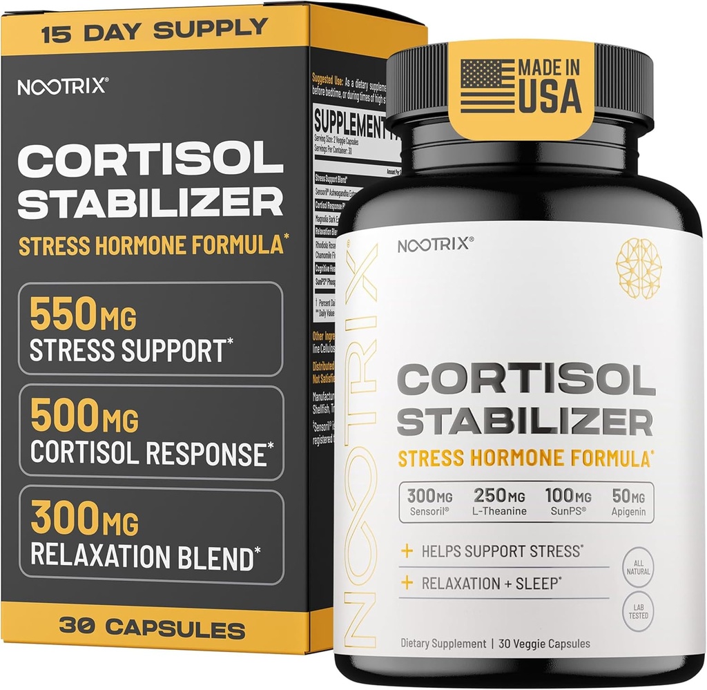 Nootrix Cortisol Manager &amp; Stabilizer Supplement TEN Supports Deep Sleep, Relaxation, Adrenal Health & Stress TEN 300mg Ashwagandha ANTE L-Theanine, Rhodiola Rosea Extract &amp; Apigenin TEN 30 Capsules
