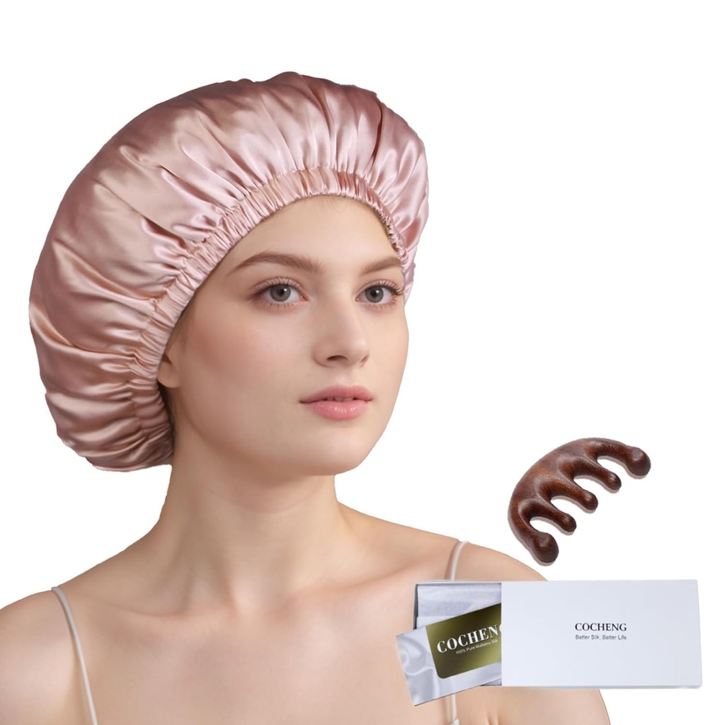 100% Mulberry Silk Bonnet para Mujeres Durmientes Long Hair -Doble Layer Sleep Cap -Silk Sleep Bonnet con Elastic Stay On Head (Pink, Large)