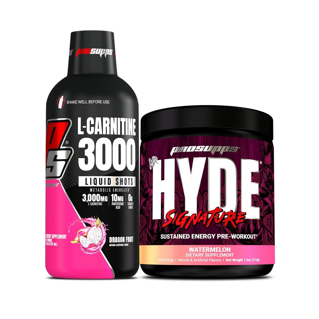 PROSUPPS L-Carnitine 3000 Stimulant Free Liquid Shots (31 Servings, Dragon Fruit) and Mr. Hyde Signature Series Pre-Workout Energy Powdered Drink (30 Servings, Watermelon) Bundle