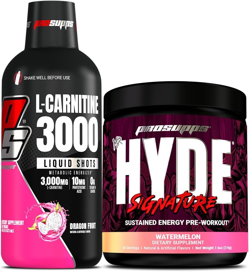 PROSUPPS L-Carnitine 3000 Stimulant Free Liquid Shots (31 Servings, Dragon Fruit) y Mr. Hyde Signature Series Pre-Workout Energy Powdered Drink (30 Servings, Watermelon) Bundle