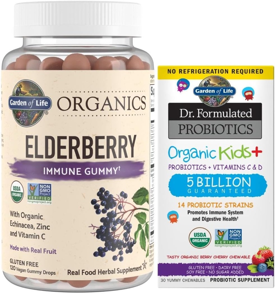 Garden of Life Organics Elderberry Gummies for Adults &amp; Kids - Immune Support Supplement " Dr. Formulated Probiotics Organic Kids+ Plus Vitamin C " D - Berry Cherry