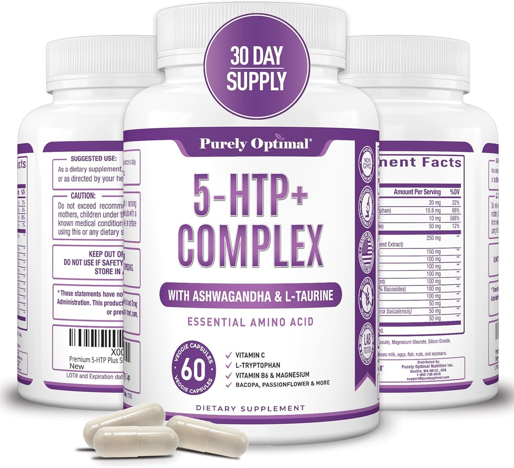 Premium 5-HTP Plus Suplemento 250mg Máxima Fuerza - Ayuda al sueño, Boost de Mood, promueve la calma &amp; Relajación, Apoyo a la gestión del estrés - Mejorado con vitamina B6, Gluten Free, Non-GMO, 60 Veggie Caps