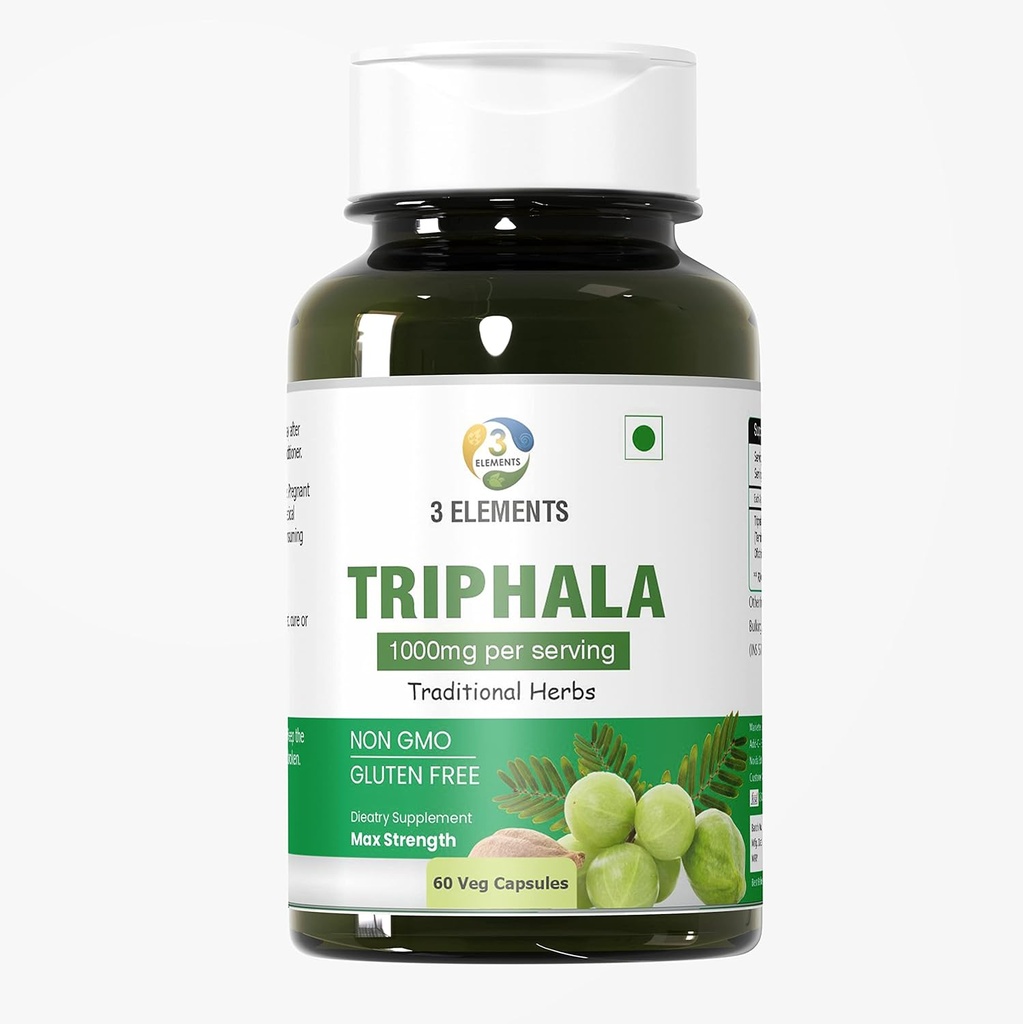 3elementos Triphala 1000mg I 60 Capsules for Daily Detoxifying, Cleansing, " Rejuvenating, Digestion " Colon Support, Immune System Support, Adaptogen, Nutrient Dense, Vegan, Gluten-Free