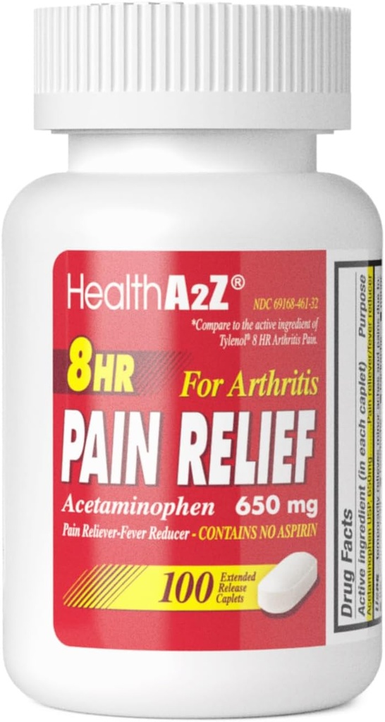 HealthA2Z® Pain Relief Extended Release ← Acetaminophen 650mg tención 8 horas Silencio Arthiritis Dolor Silencioso Dolor Relieve de Dolor - Fiebre Reductor Silencio Contiene no Aspirina (100 Cuenta)