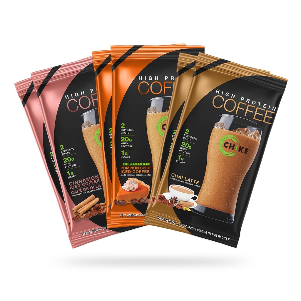 Chike Otoño Spice High Protein Iced Coffee Sampler Pack, 20 G Protein, 2 Shots Espresso, 1 G Sugar, Keto Friendly y Gluten Gratis, 6 Single Serve Packets