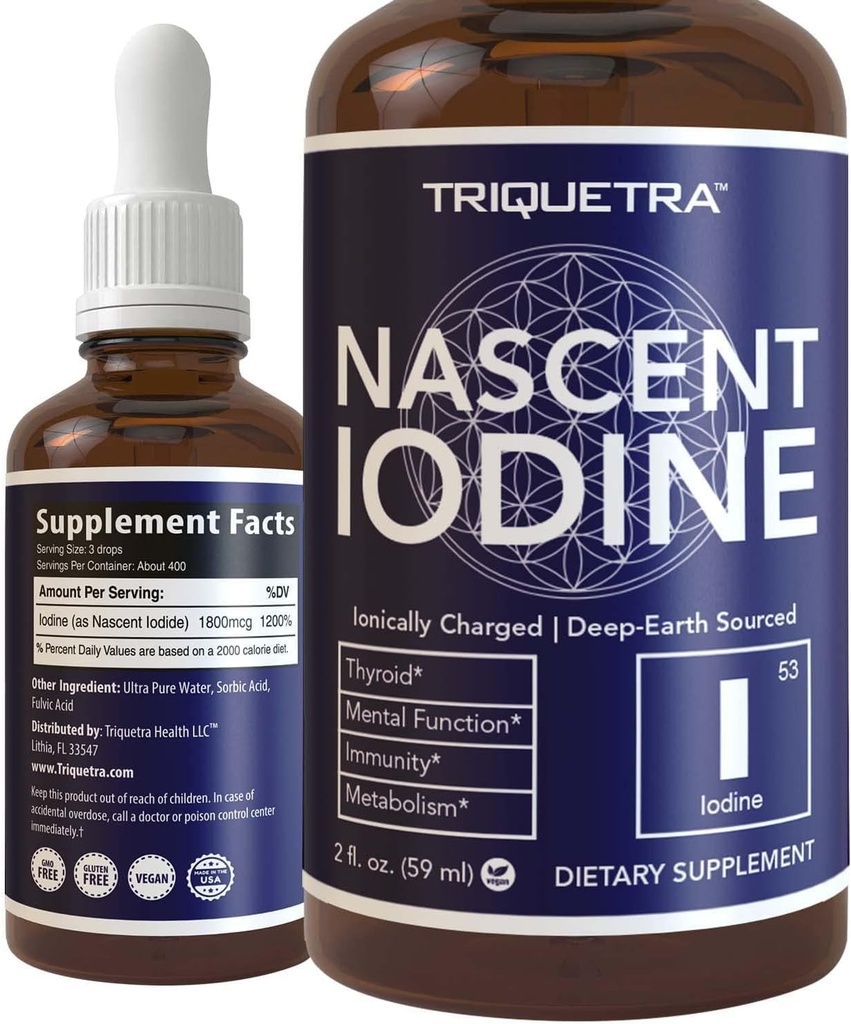 Nascent Iodine Suplemento 400 Servings, Glass Bottle, Vegan, 1800 mcg - 600 mcg por gota - Color puro, claro - soporta la salud tiroidea, la energía, la inmunidad y el metabolismo (2 oz.)