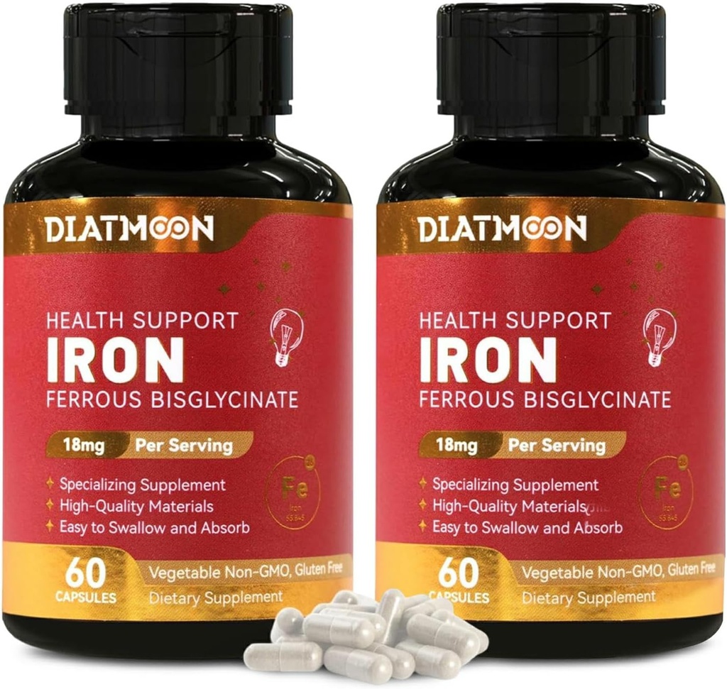 2 Pack Iron Supplement – Highly Absorbable Iron Bisglycinate Capsules for Adults, 120-Day Supply, Vegan, Non-GMO, Gluten-Free, Supports Energy & General Wellbeing