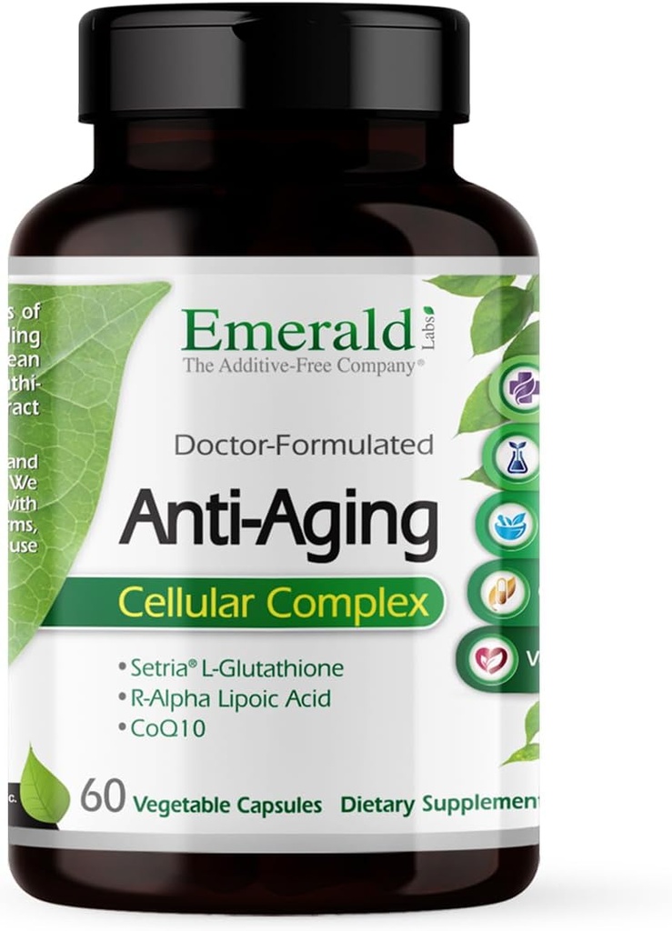 Complejo Celular Anti-Aging de Laboratorios Esmeralda - Asistencia Salud del envejecimiento saludable con Setria L-Glutathione, CoQ10, R-Alpha Lipoic Acid, Resveratrol &amp; Más - 60 cápsulas vegetales (30-Day Supply)