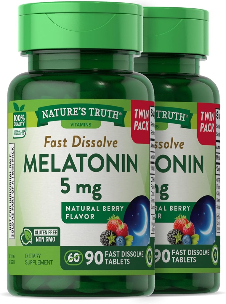La verdad de la naturaleza Melatonin 5 mg  180 Fast Dissolve Tablets (2 X 90 Twin Pack) Silencio Natural Berry Flavor ANTE Vegetarian, Non-GMO, Gluten Free Supplement