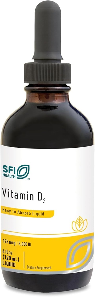 Klaire Labs SFI Health Vitamin D3 Liquid Drops - High Potency 5000IU VIT D en Easy-to-Absorb MCT Oil - Immune Support - No Soy, No Artificial Colorings or Flavors (120ml / 4 fl oz)