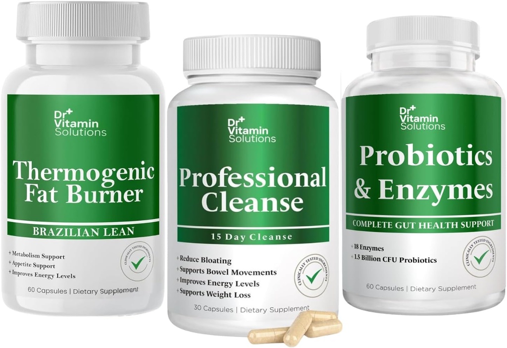 DR VITAMIN SOLUTIONS Thermogenic Fat Burner &amp; Professional Detox Cleanse Bundle - 15 Day Cleanse for Weight Management, Gut Health, and Bloating Relief - 240 Caps