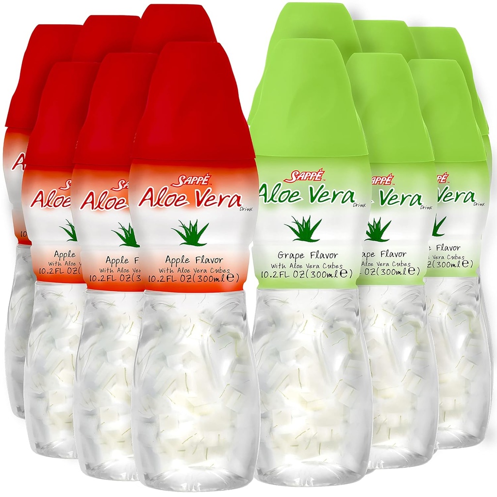 Jugo de aloe vera (Grape &amp; Apple) Bebida de aloe vera con trozos más grandes de pulpa de aloe pura (12 Packs) Zumo de planta grande para hidratación y contiene pulpa de aloe grande. El jugo de aloe vera es saludable