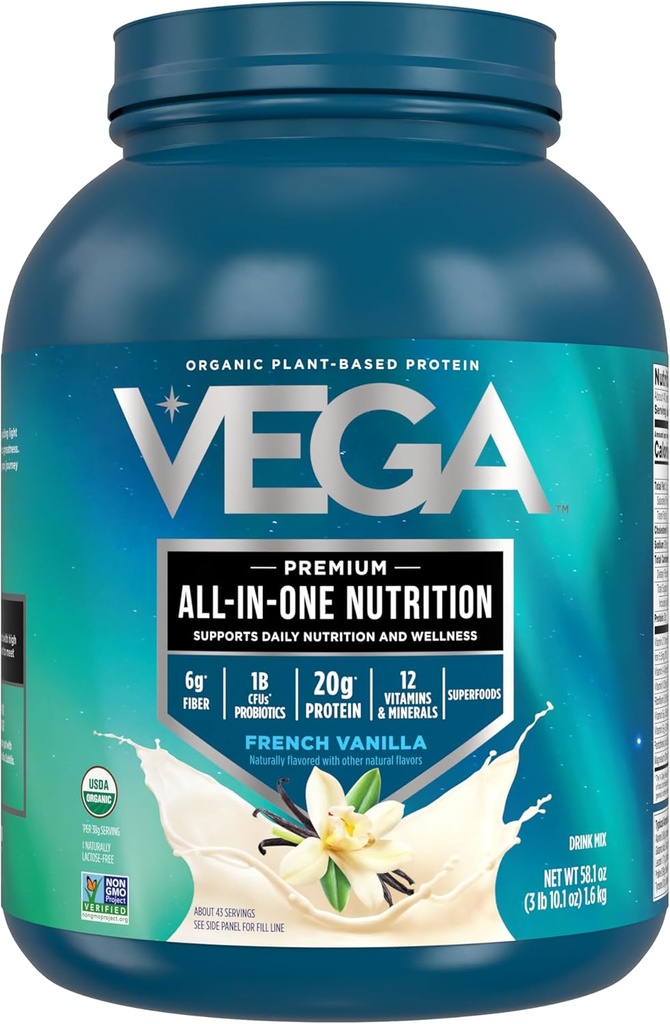 Vega Orgánica All-in-One Vegan Protein Powder Vainilla Francesa (43 Servings) Superfood Ingredients, Vitaminas para Apoyo Inmunitario, Keto Friendly, Pea Protein for Women &amp; Men, 3.10lbs(Pack of 6)