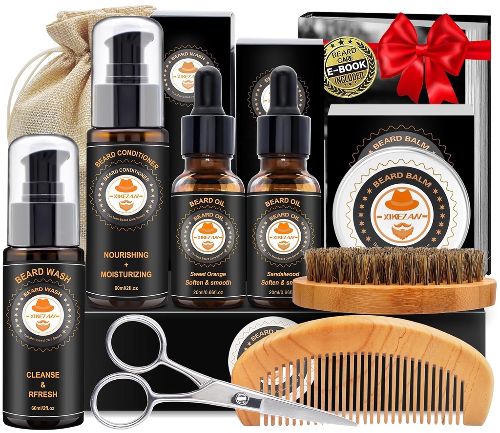 XIKEZAN Beard Kit para Hombres Acondicionador, Lavadora, Aceite, Balm, Cepillo, Comb,Padres de San Valentín Regalos para Hombre Él Papa Husband Novio Regalos de Navidad Mens Stocking Stuffers