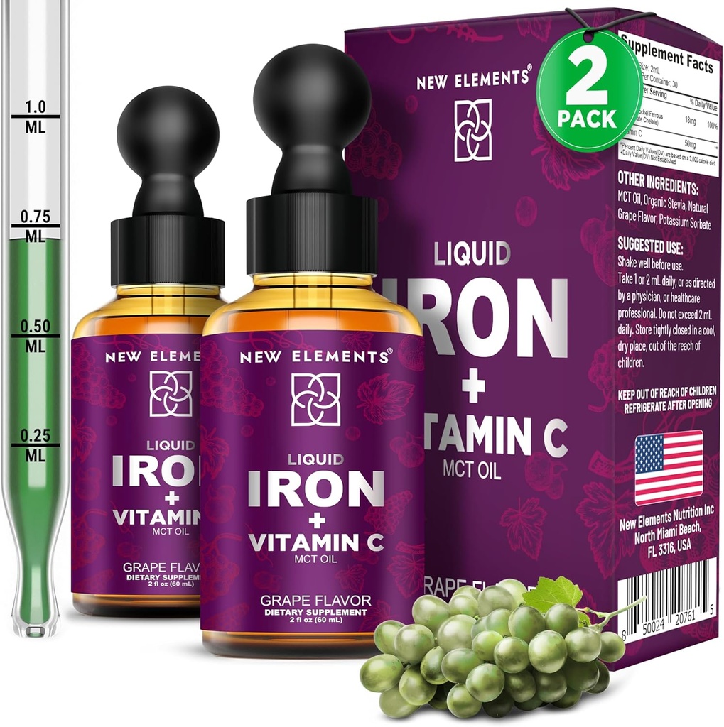 [2 Pack] Suplemento de hierro líquido con vitamina C – 18 mg de hierro &amp; 50 mg Vitamina C para el apoyo a la anemia – gotas de constructor de sangre para hombres de mujeres – Absorción rápida, botas de energía e inmunidad – Vegan, no GMO