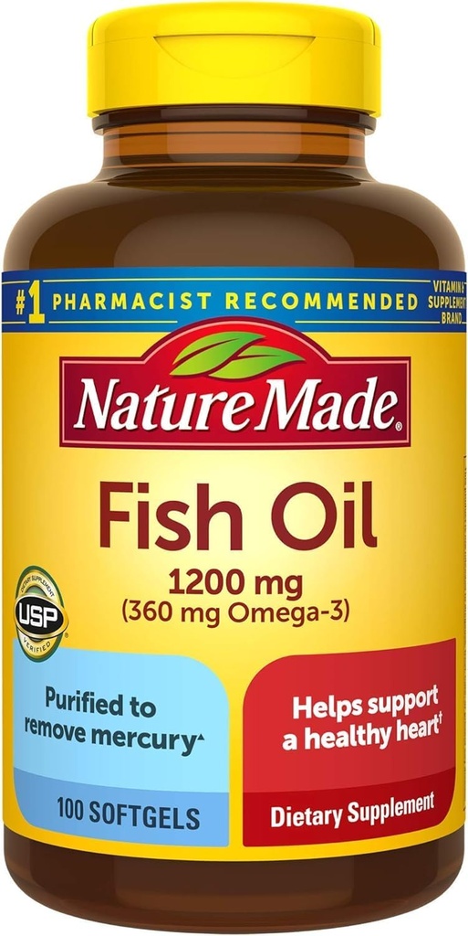 Aceite de pescado 1200 mg, 100 Softgels, aceite de pescado Omega 3 Suplemento para la salud del corazón