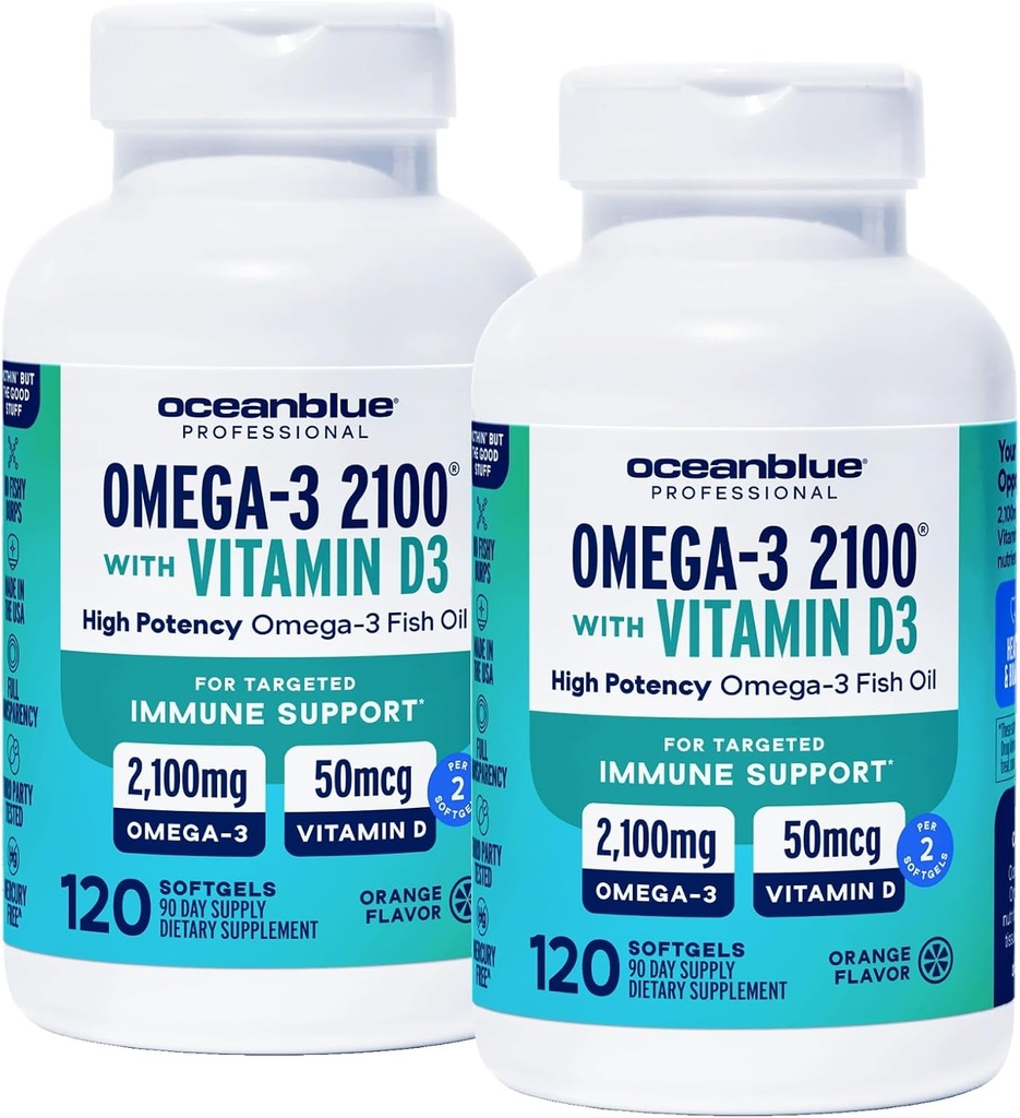 Oceanblue Professional Omega-3 2100 con vitamina D3 – 120 ct - 2pack – Triple Strength Burpless Fish Oil Suplemento con EPA de alta potencia, DHA, DPA y vitamina D3 – Wild-Caught – Orange Flavor