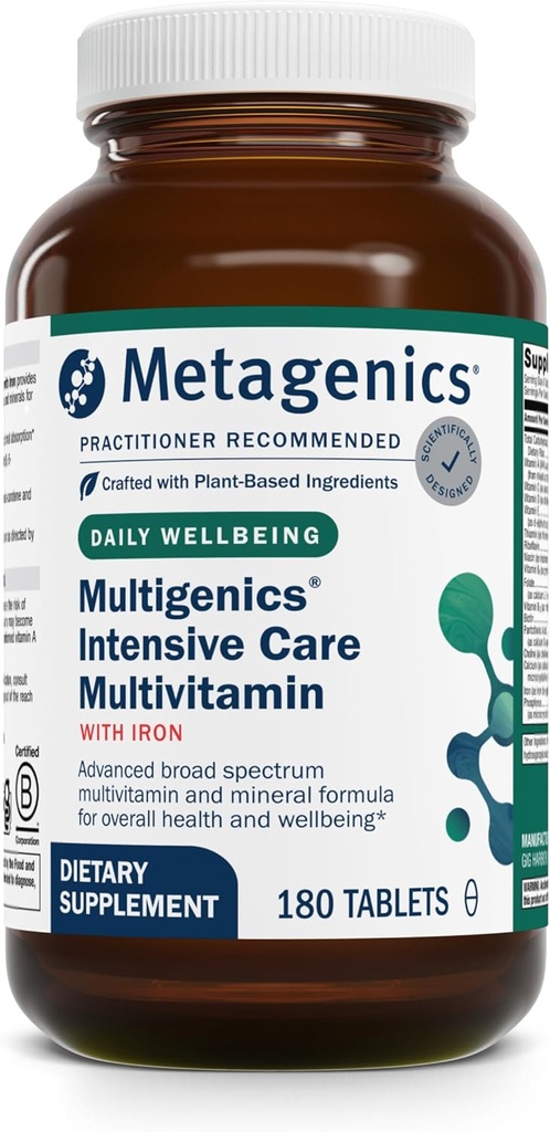 Metagenics Multigenics Cuidado intensivo Multivitamina con hierro - Suplementos dietéticos para todos los días - con hierro, quercetina, beta-caroteno, ácido ascórbico &amp; Más - No GMO - Sin gluten - 180 Tabletas
