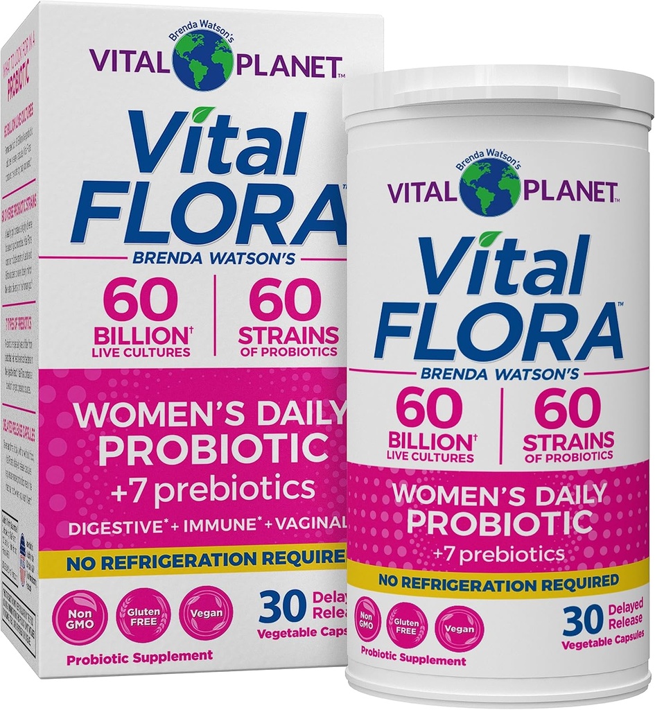Planeta Vital - Probióticos de Flora Vital para Mujeres 60 Billones CFU, Strains Diversos, Probiótico Estable de Estante Diario con Prebióticos Orgánicos, para Apoyo Vaginal, Salud Inmune y Digestiva 30 cápsulas