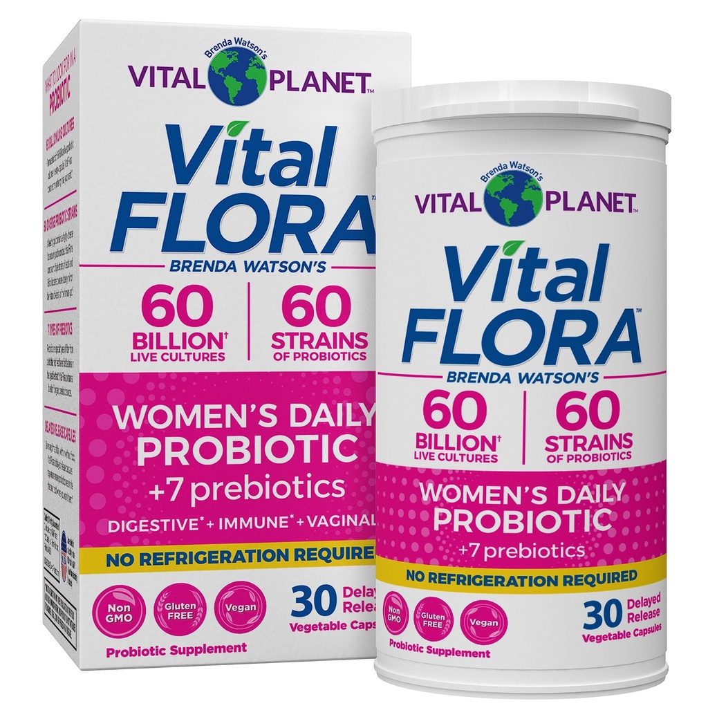 Planeta Vital - Probióticos de Flora Vital para Mujeres 60 Billones CFU, Strains Diversos, Probiótico Estable de Estante Diario con Prebióticos Orgánicos, para Apoyo Vaginal, Salud Inmune y Digestiva 30 cápsulas